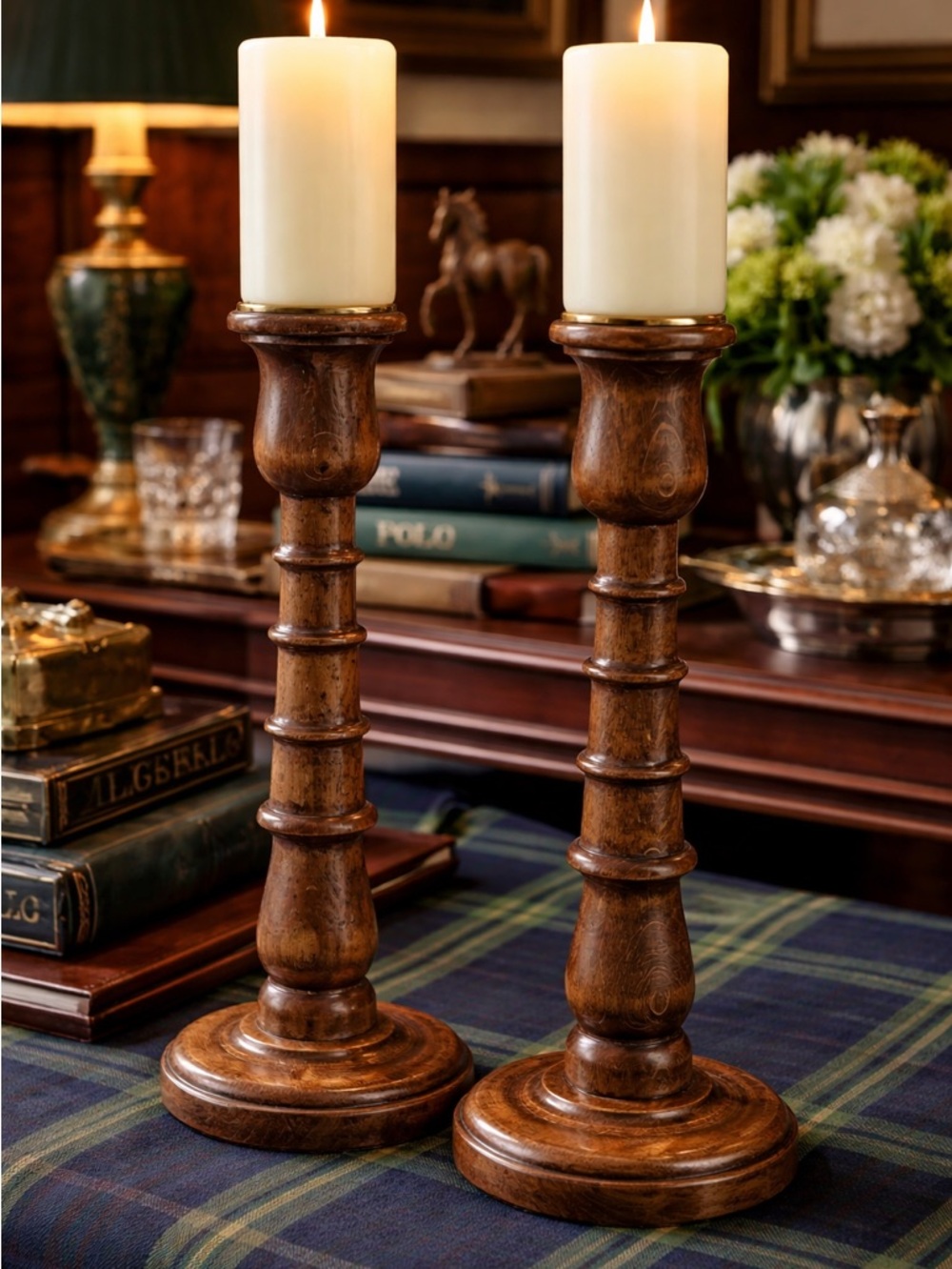 Beautiful Vintage Pair English Oak Candlesticks 10 inches High.